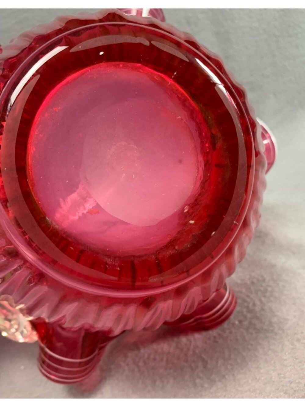 Hand-Blown Cranberry Glass Basket Ruffled Edge & Clear Handle Vintage - Picture 7 of 14